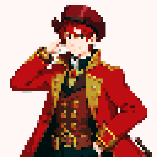 steampunk young man, red coat, red hat, 2D game stance, pixel art, sRGB
