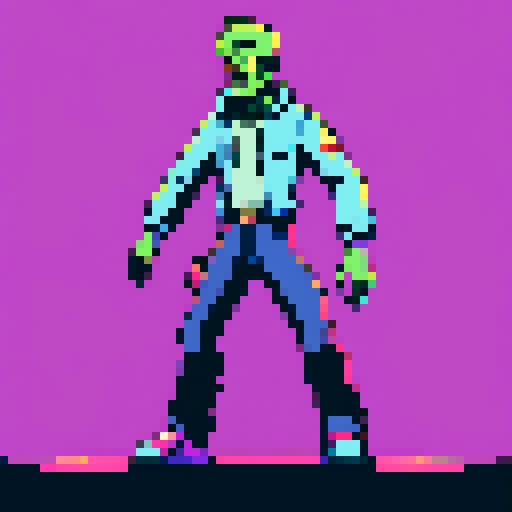 zombie, spread limbs, direct gaze, tilted table, sci-fi lightning conductors, pixel art, sRGB