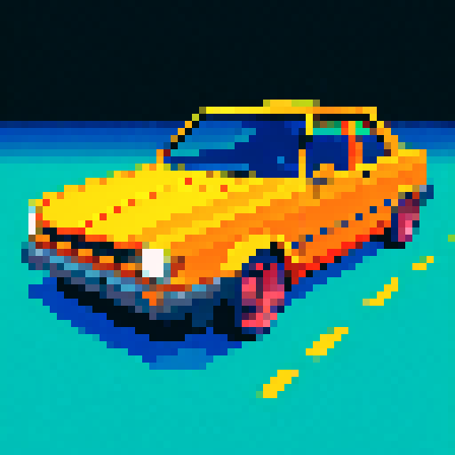 crashed orange sedan, shattered windshield, twisted metal, skid marks, vibrant colors, low-resolution, blocky pixels, retro video game style, glowing headlights, 16-bit art, simplified shapes, saturated hues