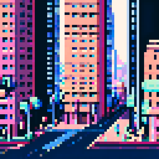 Towering skyscrapers, bustling streets, blocky pixelated buildings, natural color, retro video game vibes, 8-bit art style, ARNE32 palette, pixel art