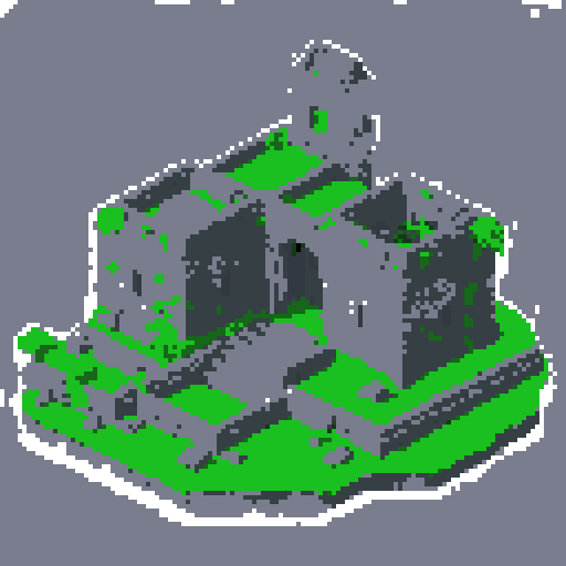 2d grey stone scientific facility in an ancient english style. Old and crumbling but still upright. Green vines crisscross it. Usable as an asset (clear, thick lines and a white background). Put a black stroke around the composition