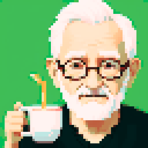 portrait, sprite art, old man, barista, trendy, queer, cozy, cute, soft eyes