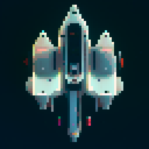 Spaceship, sleek design, metallic exterior, retro aesthetic, pixelated details,blinking lights, computer screens, wireframe outlines, geometric shapes, low-resolution textures, vibrant pixel art style, sRGB color space
View from above
