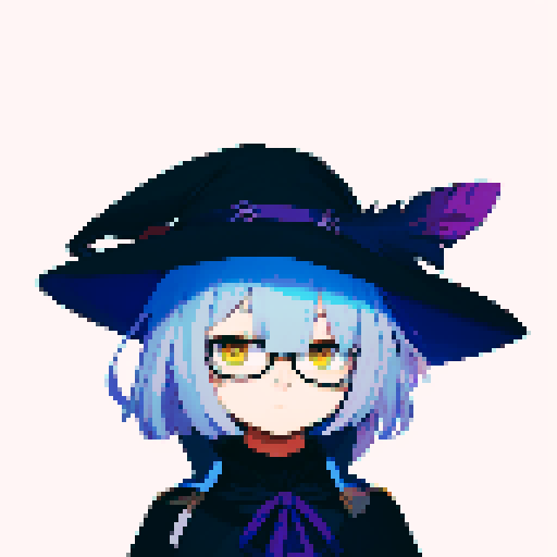 male, symmetrical face, closed mouth, yellow eyes, hair between eyes, solo male, straight-on, facing viewer, light blue hair, bob cut, white pupils, tsurime, pepekekeko, long bangs, flowing sleeves, capelet, perfect anatomy, blunt bangs, intricate details, witch hat, feather, glasses, pixel art, sRGB