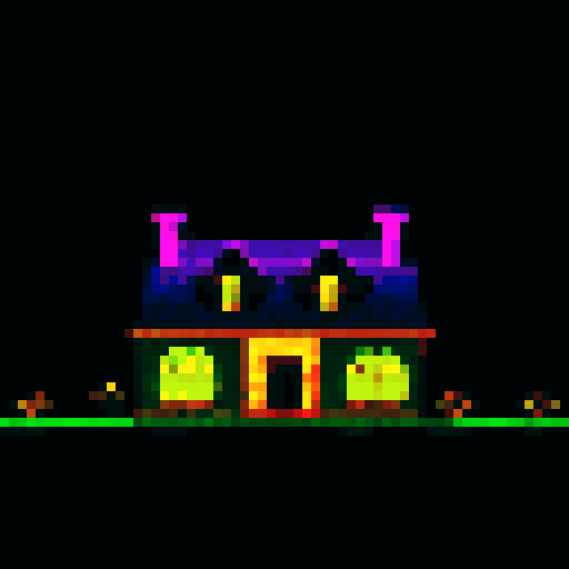 a neighborhood with trees and street lights with one glitched out bad house evil house that shouldn't be there. spooky evil