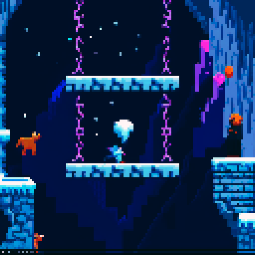 Celeste-like, snow-capped, pixelated ice mountain, jagged cliffs, frozen waterfalls, vibrant blue sky, pixel art, sRGB