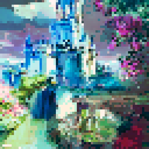 Majestic Disney castle nestled in lush greenery, framed by towering trees, with a shimmering moat and a bright blue sky in the background, rendered in a stunning landscape portrait style.