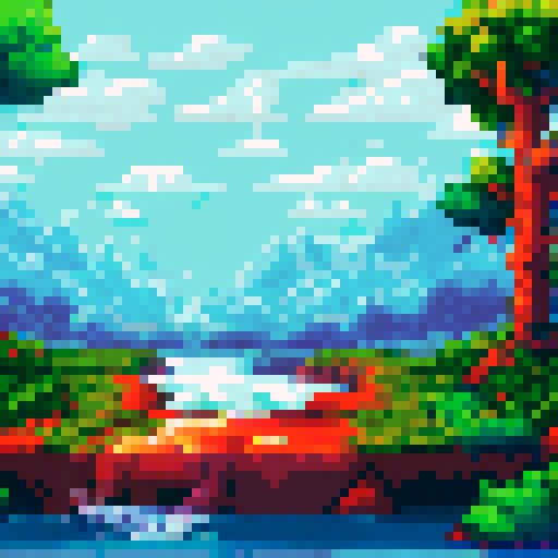 cute sexy girl, 14 years old, nude, hot, big boobs, red hair, coy smile, blushes, sRGB, pixel art, background, landscape