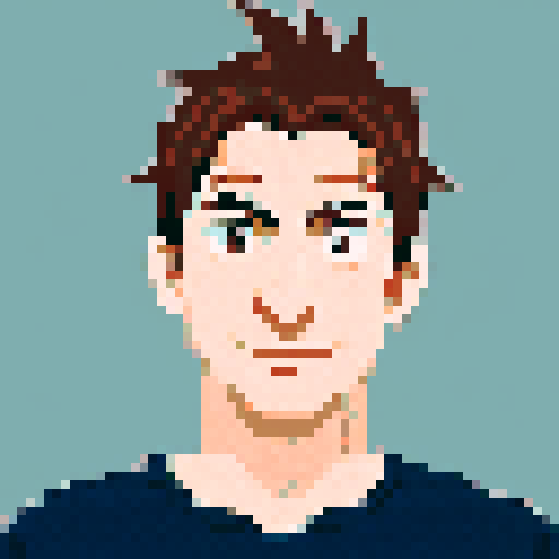 Cartoonish pixel art profile picture, server room background