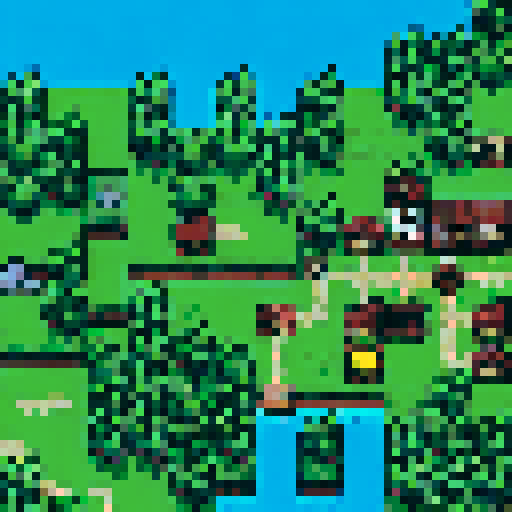 tall vibrant trees, whimsical mushrooms, cozy houses, colorful flowers, pixelated landscapes, enchanting atmosphere, immersive world, nostalgic art style, charming scenery, intricate designs, lively flora and fauna, landscape portrait
