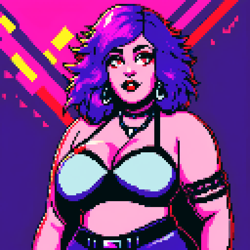 plus size, curvy, busty, goth girl with long purple hair, black eyeshadow, and red lipstick, wearing a low-cut halter top and studded collar, posing for a glamour shot photo with vibrant sRGB colors, pixel art, and an edgy aesthetic