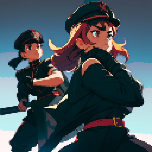 full-body image, muscle girl, female, thick biceps, big shoulders, big fists, muscular physique, thick waist, facing left, ready to fight, exaggerated proportions, black military uniform, black hat, military backdrop, sRGB, pixel art, no background, no backdrop, facing left, fists raised, ready to fight