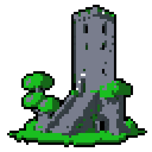 2d grey stone tower in an ancient english style. Old and crumbling but still upright. Green vines crisscross it. Usable as an asset (clear, thick lines and a white background). Put a black stroke around the composition