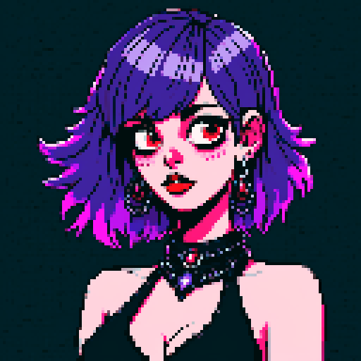 busty goth girls face, whole head portrait, black hair, purple eyeshadow, red lipstick, low black studded leather halter top, studded collar, vibrant srgb colors, edgy aesthetic