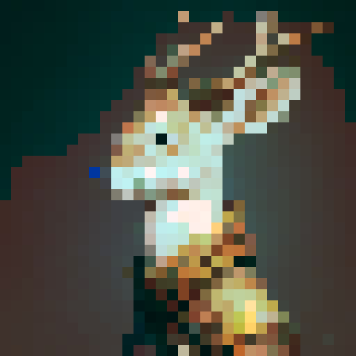 A deer from side view, brown, white antlers