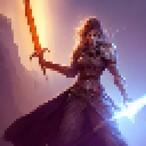 A fierce warrior woman, wielding a glowing sword, emerges victorious from a crumbling, dark fortress, leaving behind the chains of her emotional scars and the light of freedom shining down on her.