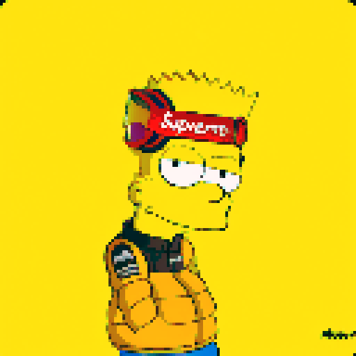 Bart Simpson, pixel art, Supreme ski goggles, backwards-facing, sRGB, outlined image