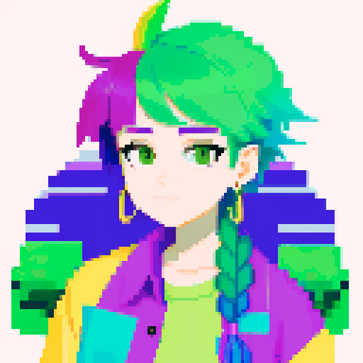 Portrait of a non binary person with long purple and green hair, feather earrings on one ear, and a tropical buttoned down shirt 