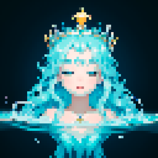 Create a close-up image of a mermaid with a crown, partially submerged underwater. Half of her face is above the water's surface, revealing her beautiful features. The underwater portion of her face should show her aquatic beauty, with the serene, mysterious ambiance of the ocean surrounding her. The crown should have an ethereal, shimmering quality, adding to her majestic presence.