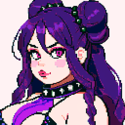 Nude portrait of thicc, curvy, and busty goth girl with studded collar, long purple hair in buns, fishnet stockings, pixel art style, sRGB color