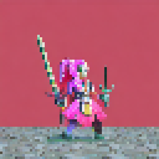 Create a similar pixel art image, full
Body, pink background, holding a staff