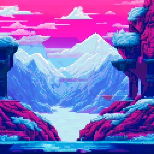 Frozen mountains looming behind a crystal-clear river, icy pine trees swaying in the wind, a small hero standing at the edge of the water, ready to jump into the unknown