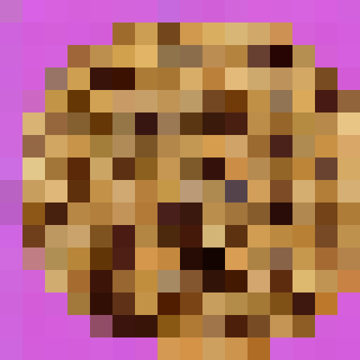 chocolate chip cookie, close up, portrait, game icon, pixel art, 16x16, delicious, crumbly, golden brown, melty chocolate, mouthwatering, bite-sized, textured, sweet, indulgent, irresistible