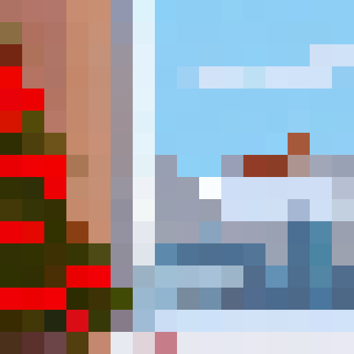 cozy house covered in snow, Christmas decorations, warm glow from the windows, smoke rising from the chimney, snow-covered roof, icicles hanging from the eaves, tree branches dusted with snow, twinkling lights, frosted window panes, pixelated details