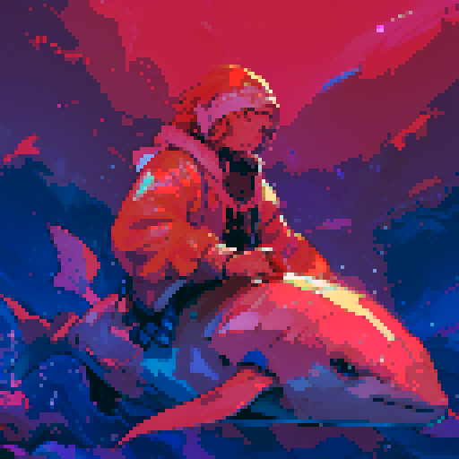 human riding dolphin, vibrant colors, retro video game aesthetic, pixelated waves, 8-bit sprites, dynamic movement, pixel art, sRGB color space, nostalgic vibes, detailed pixel work, playful composition, energetic atmosphere
