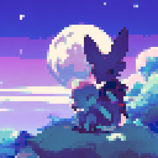 Wolf and man sitting on a bench at night with a moon in the sky