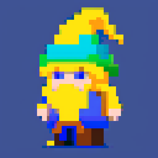 Create a pixel art character of a whimsical wizard. The wizard should wear a blue robe covered with yellow stars and a matching pointy hat. He should have a playful grin