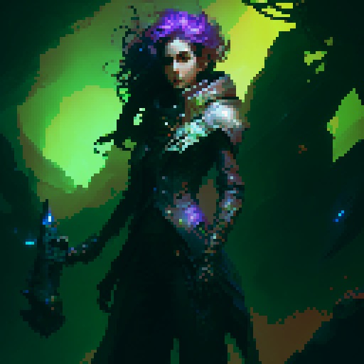 female necromancer, long dark hair, full body, action pose, swirling purple and green magic, mysterious ruins, ethereal glow, intricate staff, tight fitting flowing robes, intense gaze, dark shadows, ancient spellbook, fantasy Medieval RPG
