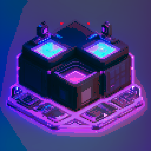 futuristic 4 tier lootbox, glowing buttons, silver box center, intricate details, pixel art style, sRGB