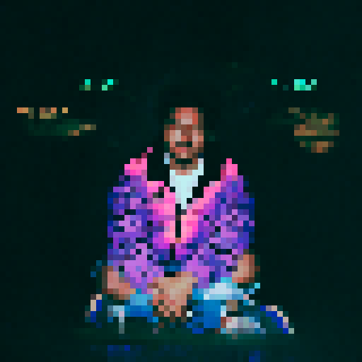 pixelated, vibrant colors, retro aesthetic, glitch effects, neon lights, 80s inspired, dreamlike, distorted, surreal, pastel hues, geometric patterns, digital art, trippy, futuristic, cyberpunk vibes, kaleidoscopic, holographic, electric energy, symmetrical composition, iridescent, lo-fi, nostalgic, abstract, mesmerizing visual, vibrant gradients, glitchy transitions, ethereal, otherworldly atmosphere