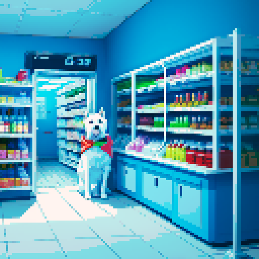 Wide-eyed scared white dog inside a convenience store, looking at viewer, next to shelves