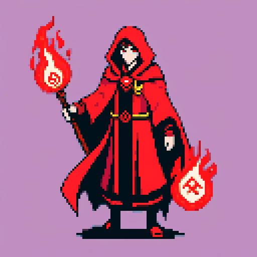 warlock, spellcasting, arcane symbols, glowing staff, swirling dark energy, fiery red eyes, billowing cloak, ancient book, mystical aura, magical runes, pixel art, sRGB