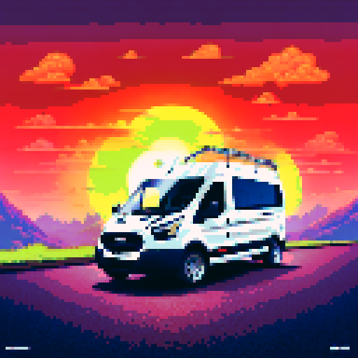 Photorealistic, centered Ford Transit in a three quarter view, right wheel in front, clean background, pixel art style with sRGB colors