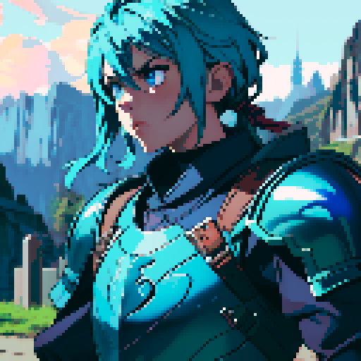 Give me a sprite for a main character in blue armor facing left, right, down, and up