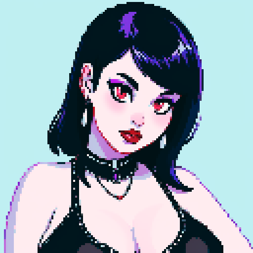 Cat girl, curvy, cute goth woman with black hair, purple eyeshadow, and red lipstick, wearing a bikini, studded collar, portrait, face avatar, in a glamour shot, sRGB color