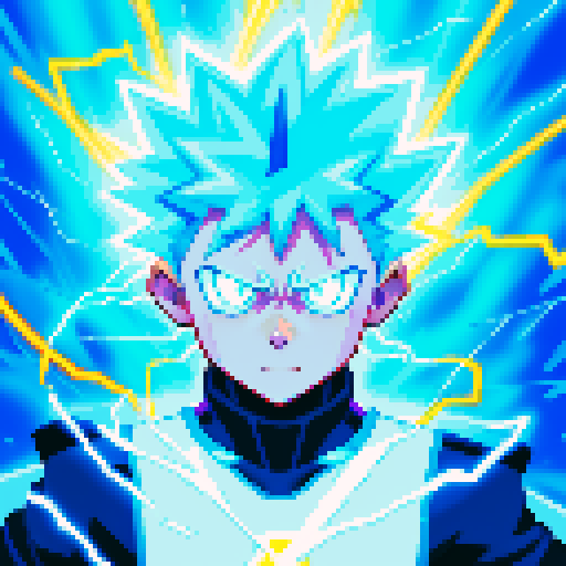 killua zoldyk, electric effect, blue white, pixel art, sRGB, fantastic, lightning bolts, glowing aura, dynamic movement, crackling energy, intense expression