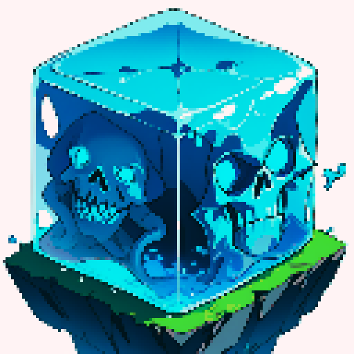 gelatinous cube, blue slime cube, slime, skeleton inside of gelatinous cube
