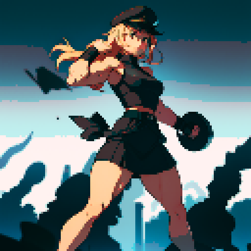 full-body image, muscle girl, female, thick biceps, big shoulders, big fists, muscular physique, thick waist, facing left, ready to fight, exaggerated proportions, black military uniform, black hat, military backdrop, sRGB, pixel art, no background, no backdrop, facing left, fists raised, ready to fight, full-body