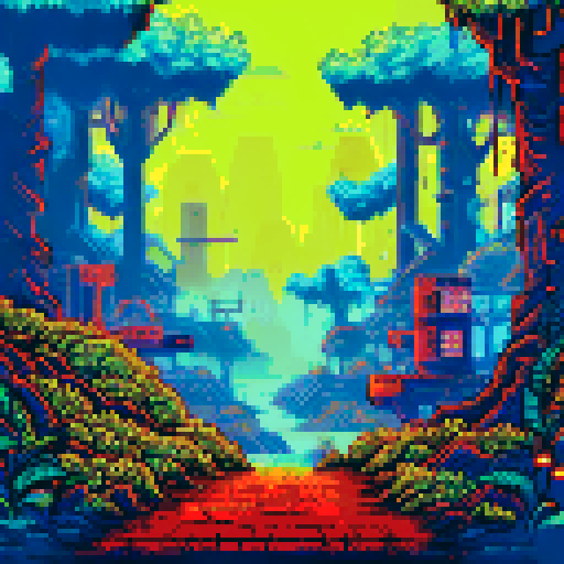 post-apocalyptic city, hidden in the woods, vibrant pixelated colors, atmospheric landscape, abandoned machinery, rusted pipes, overgrown vines, decaying buildings, shattered windows, eerie silence, nature reclaiming