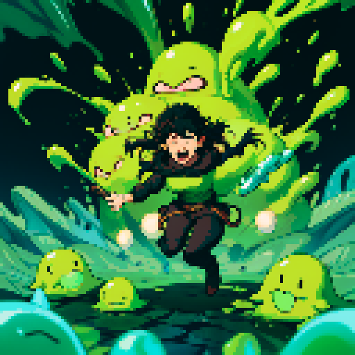 slime surging up around someone, slime engulfing a hero, slime consuming a hero, hero getting engulfed by slime, slime attack, dynamic, slime slamming into someone, impact, splashing slime, full-body image, full-body art, black hair, brown outfit