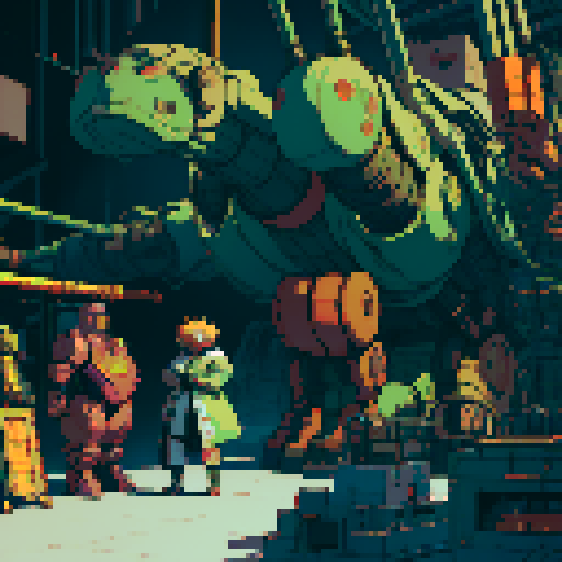 fat mad scientist, facing left, full-body image, exaggerated features, pixelated details, giant robot, mechanical limbs, robot workshop backdrop, sRGB color palette