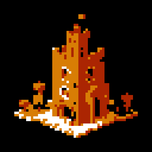 crumbling brick and copper tower seen from a head-on 2d flat perspective. Simple style, thick black lines, white background.