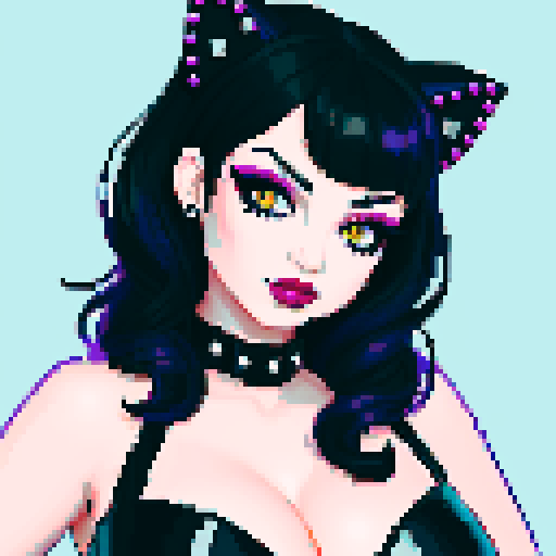 Goth woman, curvy, cute goth cat girl face, black hair, purple eyeshadow, red lipstick, studded leather, woman face portrait, glamour shot, vibrant sRGB colors, pixel art