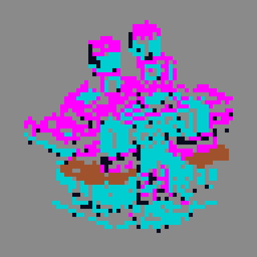 16-bit pixel art rogue spaceship, rusty silver hull, cyan-magenta hyperspace trail, glowing cyan engines, bolted-on pod, SNES style, 64x64px grid, 16-color palette.

