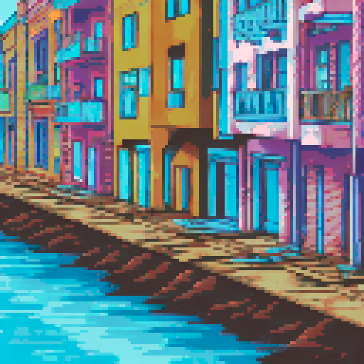 Post apocalyptic town of Old San Juan, Puerto Rico. The water from the ocean the streets all the way up to the first level of the building in town, where most buildings are either 2 or 3 stories high. Some makeshift boats are in the water, solar panels on the roofs and some small wind mills also