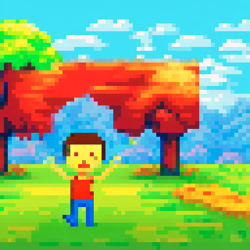 Boy with green shirt and brown shorts, standing in front of a vibrant orange and yellow pixel art landscape, holding up a sign that reads "Affiliate Marketing" in bold white letters against a sRGB background